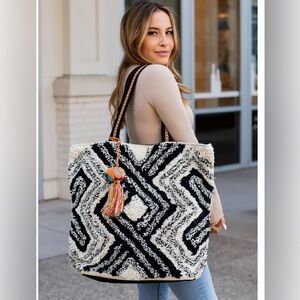 Panache Black and Cream with Grey Textured Geometric Tote Bag
